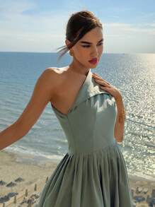 Aloruh Women's Elegant One Shoulder Designer Fitted Waist Solid Color Maxi Dress, Olive Green Island Vacation Outfits Women Summer Dress Women Vacation Dress - Green - View 3