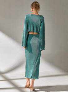 CLARA VERO Conjunto de falda recta plisada y top de cuello redondo elegante de color verde sólido para mujer