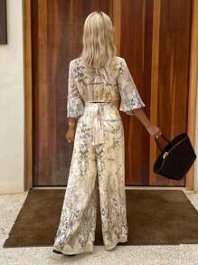 两件套女士印花V领系带长袖上衣和阔腿裤复活节 - 杏色 - 查看 2