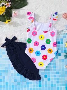 SHEIN 2件套纯色碎花针织连体泳衣（含裙子），适合小女孩 - 藍色 - 查看 2