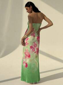 Aloruh 浪漫约会露肩扭褶花卉印花连衣裙，春夏季女士 - 彩色 - 查看 2