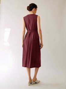 Uhlyne 女士休闲优雅无袖亚麻中长连衣裙（配系带腰带） - 酒紅色 - 查看 2