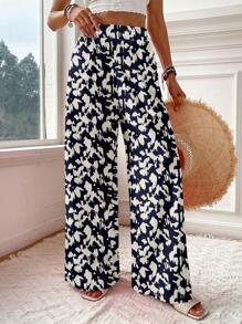 SHEIN VCAY Women's Casual Vacation Style Black & White Polka Dot Pattern Wide Leg Pants, Suitable For Summer & Vacation Fall Clothes Winter Clothes