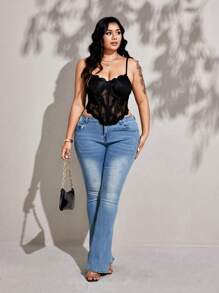 Viva Relle Sexy Plus Size Underwire Fishbone Lace Mesh Patchwork Bow Camisole For Daily WearValentine's Day - Black - View 5