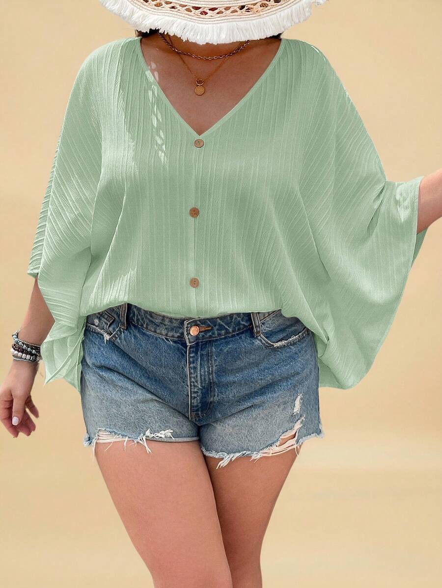 SHEIN VCAY Plus Size Textured Batwing Sleeve V-Neck Blouse, Vacation Wear - Mint Green - View 1