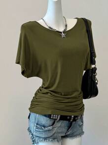 SHEIN EZwear 夏季狂欢军绿色针织女式T恤，蝙蝠袖纯色 - 軍綠色 - 查看 5