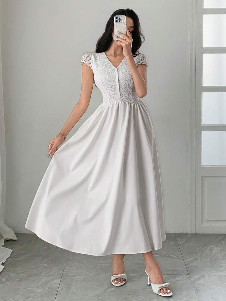 White Contrast Lace V-Neck Flowy Dress For Women, Summer