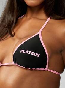 Missguided x Playboy 三角比基尼泳装套装侧系带可调节巴西式剪裁沙滩装夏季度假泳池泳衣