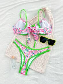 SHEIN 夏季女式两件套泳衣随机颜色吊带钢圈聚拢蝴蝶结系带比基尼上衣和下装海滩度假比基尼套装 - 彩色 - 查看 2