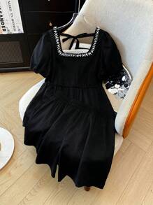 SHEIN Clasi Conjunto de 2 piezas con cuello cuadrado y decoración de perlas, elegante y para talla grande, apropiado para salidas diarias, vacaciones, citas y cenas - Negro - Ver 7