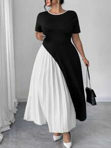 SHEIN CURVE+ Plus Size Contrast Color Pleated Design Butterfly Decor Back Top Women Casual Dress Women Dresses Birthday Women Birthday Outfit Women Plus Black Dress Women S Clothes Women Dresses Elegant Gown