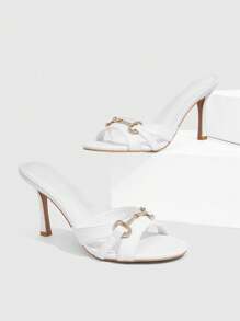 CUCCOO SZL Women's White PU Leather Gold Rhinestone Decor Fashion Evening Mules Sandals, 8.8CM High Heel, Round Toe - White - View 2