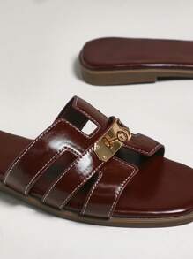 SHUZIA Luxe Essentials Women's Gold Lock Stitching Detail Square Toe Flat Glossy Pu Coffee Slide Sandals-Sophisticated, Elegant & Stylish Valentine's Day - Coffee Brown - View 2