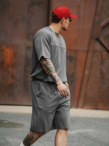 DAZY Summer Men's Gray Textured Fabric Split Design T-Shirt Set - Grey - View 7