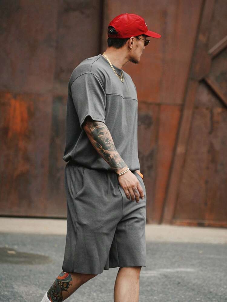 Summer Men's Gray Textured Fabric Split Design T-Shirt Set