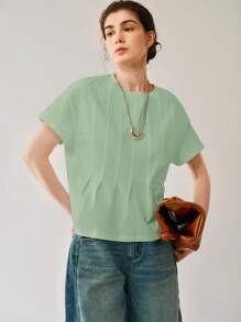Uhlyne 女士假日沙滩休闲通勤场合穿着纯棉圆领薄荷绿收腰插肩袖T恤上衣商务休闲、工作服、办公室、教师女装 - 綠色 - 查看 1