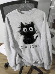 SHEIN EZwear Casual Minimalist Printed Cute Funny Fluffy Kitten & Letter Graphic Loose Crew Neck Long Sleeve Hoodie Sweatshirt For Women, Suitable For Spring Break, Y2K Style Autumn And Winter - Light Grey - View 3