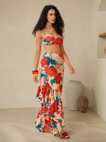 Swim Oasis 3pcs/Set New Spring/Summer Multi-Color Floral Random Print Off-Shoulder Backless Elegant Bohemian Vacation Casual Beach Party Bikini Set, Ruffle Hem Maxi Skirt & Beach Cover Up Dress Swimsuit - Multicolor - View 2