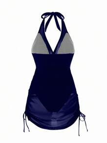 Swim Lushoire Women's Sexy Vacation Casual Party Beach Solid Black Wireless Textured Fabric One-Piece Swimsuit For Summer - Navy Blue - View 2