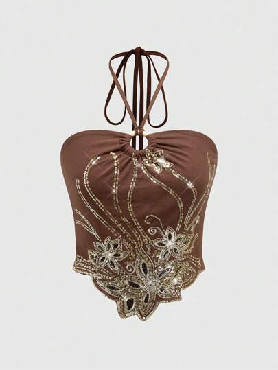 Fairycore Women's Vintage Fairy Music Festival Delicate Floral Sequin Embroidery Halter Top