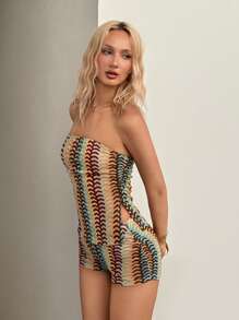 SHEIN ICON 性感休闲度假复古条纹抹胸和褶饰迷你短裤套装 - 彩色 - 查看 3