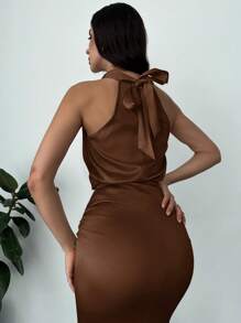 Firerie 2 件套女式缎面围脖领口系带衬衫上衣和褶皱长裙，适合情人节、音乐会、表演、约会、派对、婚礼季节、性感、优雅、工作、返校、度假、海滩、浪漫 - 咖啡棕 - 查看 2