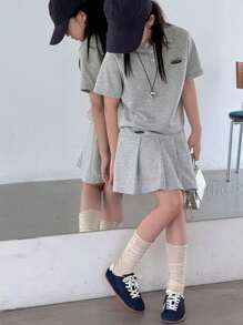 Dazy Kids 2 件套 Tween Girls Polo T 恤和百褶裙套装，夏季 - 灰色 - 查看 3