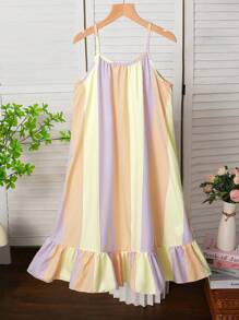 青少年女孩彩虹条纹印花无袖荷叶边下摆休闲夏季度假太阳裙