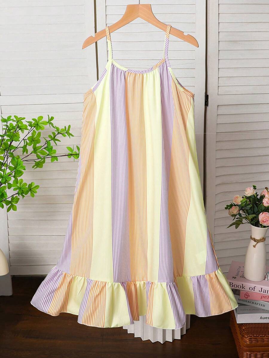 青少年女孩彩虹条纹印花无袖荷叶边下摆休闲夏季度假太阳裙