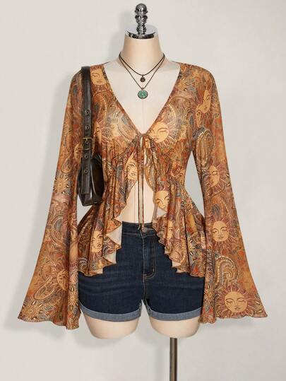 SHEIN ICON Plus Size Y2K Retro Floral Print Front Tie Knit Top, Sunray Paisley Print, Boho, Flare Sleeve Sheer Print Blouse, Music Festival, Summer Vacation,Vintage