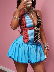 Slaydiva 2 件套女士夏季彩色条纹吊带上衣和喇叭迷你裙套装，狂野装