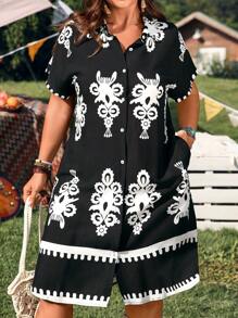 EMERY ROSE Plus Size Raglan Sleeve Casual Open Front Collar Curved Hem Ladies Dress With Pockets, Unique Linen Blend Music Festival Boho Print, Suitable For Spring/Summer Country Music Music Festival Bohemian Vacation Dresses Casual - Black and White - View 6
