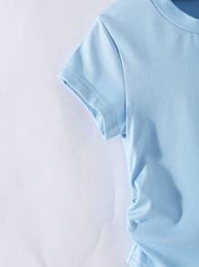Girls Casual Crew Neck Short Sleeve Cropped Butterfly Print Blue T-Shirt, Irregular Hem, Summer Daily Versatile Top For Girls