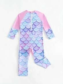 SHEIN 女童泳衣 女宝宝连体泳衣 长袖长裤泳衣 可爱卡通美人鱼涤纶数码印花紫色渐变鱼鳞印花连体泳衣 婴儿泳衣女孩
