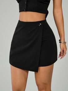 SHEIN PETITE Women's Low Waist Black Skirt Suitable For Summer - Black - View 4