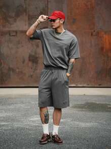 DAZY Summer Men's Gray Textured Fabric Split Design T-Shirt Set - Grey - View 3