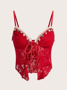 SHEIN ICON Textured Jacquard Fabric Slit Hem Cami Top - Red - View 1