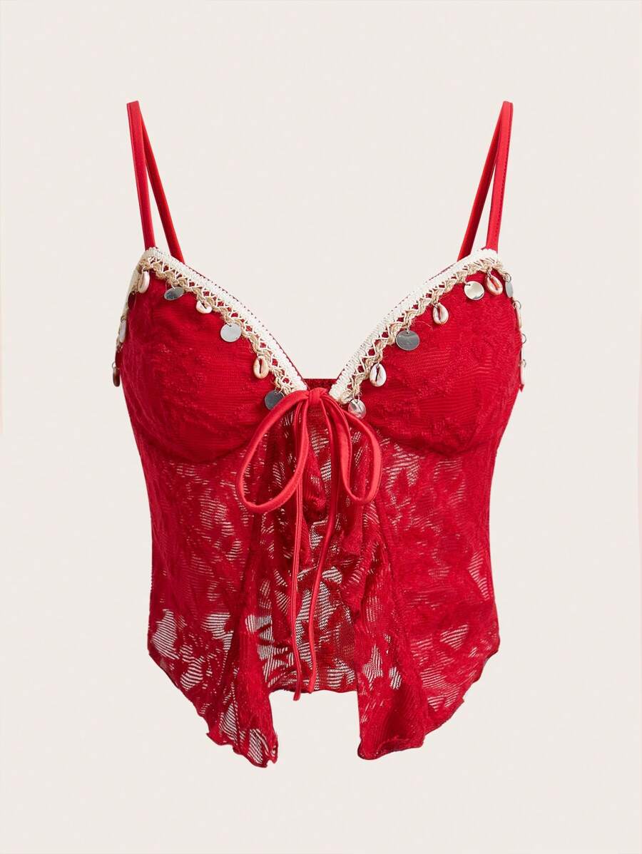 SHEIN ICON Textured Jacquard Fabric Slit Hem Cami Top - Red - View 1