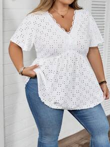 SHEIN CURVE+ 大码女式纹理 V 领蕾丝拼接 T 恤/大码 T 恤夏季/乡村/海滩度假装/沙滩装/沙滩装