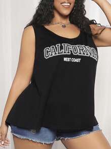 SHEIN CURVE+ Plus Size Letter Printed Tank Top For Summer - Black - View 3