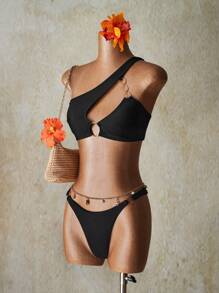 SHEIN ICON Women Black Tropical Beach Summer Beach Solid Color Ring Linked Bikini Bottom - Black - View 4