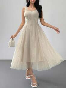 Elegantes Sommerkleid für Frauen mit rundem Ausschnitt, ärmelos, Midi-Länge, mit Pailletten-Dekor, Kleidung für den Schulanfang