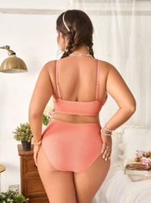 SHEIN Swim Curve Plus Size 2pcs Women Halter Ribbed Texture Fabric Removable Strap Ruffled Side Bikini Set Set For Summer Beach Vacation - Coral Orange - View 2