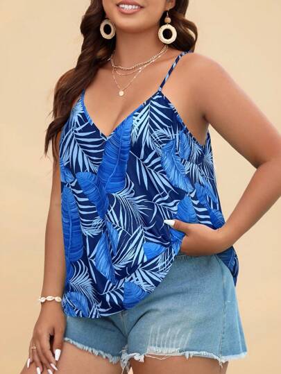 Travachic Plus Size Boho Simple Tropical Print Spaghetti Strap Cami Top, Casual, For Summer