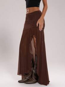 SHEIN BAE Women Solid Color Pleated Mesh Side Slit Hem A-Line Skirt - Coffee Brown - View 3
