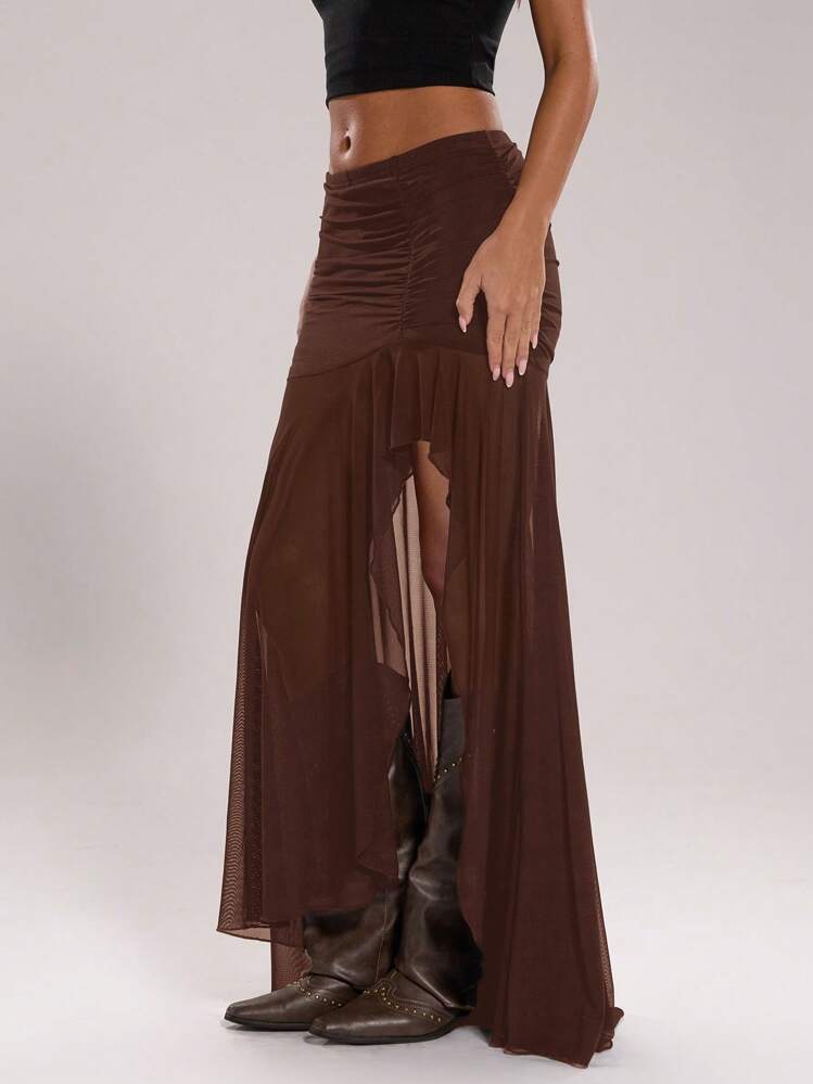 SHEIN BAE Gonna a-line da donna a vita alta con spacchi laterali in rete plissettata e tinta unita - Caffè Marrone - Visualizzare 3