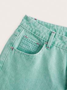 SHEIN Women's Solid Color Pocketed Casual Versatile Wide Leg Jeans - Green - View 5