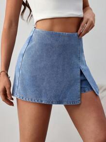 SHEIN Tall Quần short denim nữ, quần váy ngắn vừa vặn thường ngày, màu xanh - Rửa trung bình - Xem 7