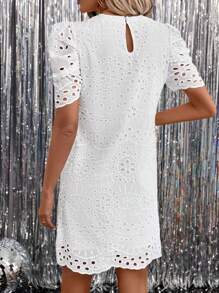 SHEIN Clasi Embroidered White Fabric Round Neck Puff Sleeve Short Sleeve Crop Fitted Dress For Women Vacation Outfits Woman Summer Outfits For Women Summer Dresses For Women White Dress