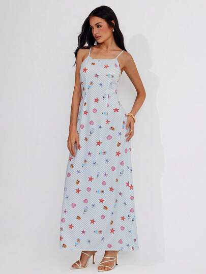 Roylia Women's Maxi Dress Light Blue And White,Summer,Casual,Vacation,Holiday,Seashell Starfish Print,Square Neck,Spaghetti Straps,Backless,Bohemian Style